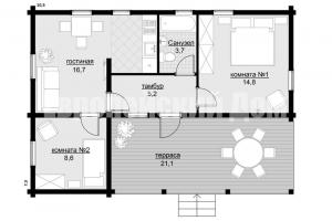 Casa de 70 m2, cu doua dormitoare si o terasa mare de aspect detaliat +