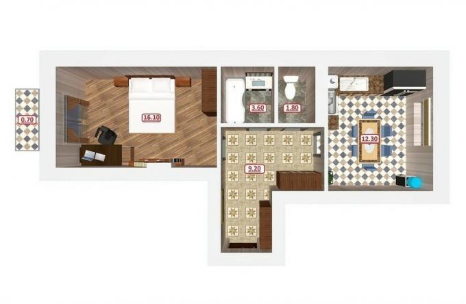 Studio apartament-Vest: dormitor stânga, spre dreapta - bucătărie