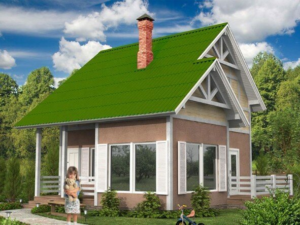 Partea din față a casei cu un acoperiș verde. Sursa foto: dom-bt.com