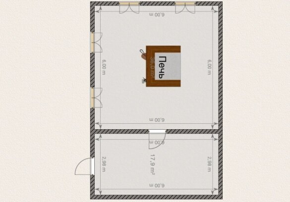 În centrul unei case jurnal 6x6 m reprezintă inutilizabil cuptorul rusesc. Dimensiunea 3x6 m anexă.